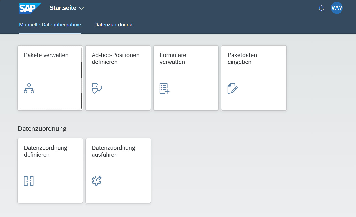 - Display of the GRDC web interface start page<br />
- Display of 6 tiles with different functions<br />
- From left to right -> Manage packages, define ad hoc items, manage forms, enter package data<br />
- Below this, two further tiles<br />
o Left to right Define data assignment, execute data assignment<br />
