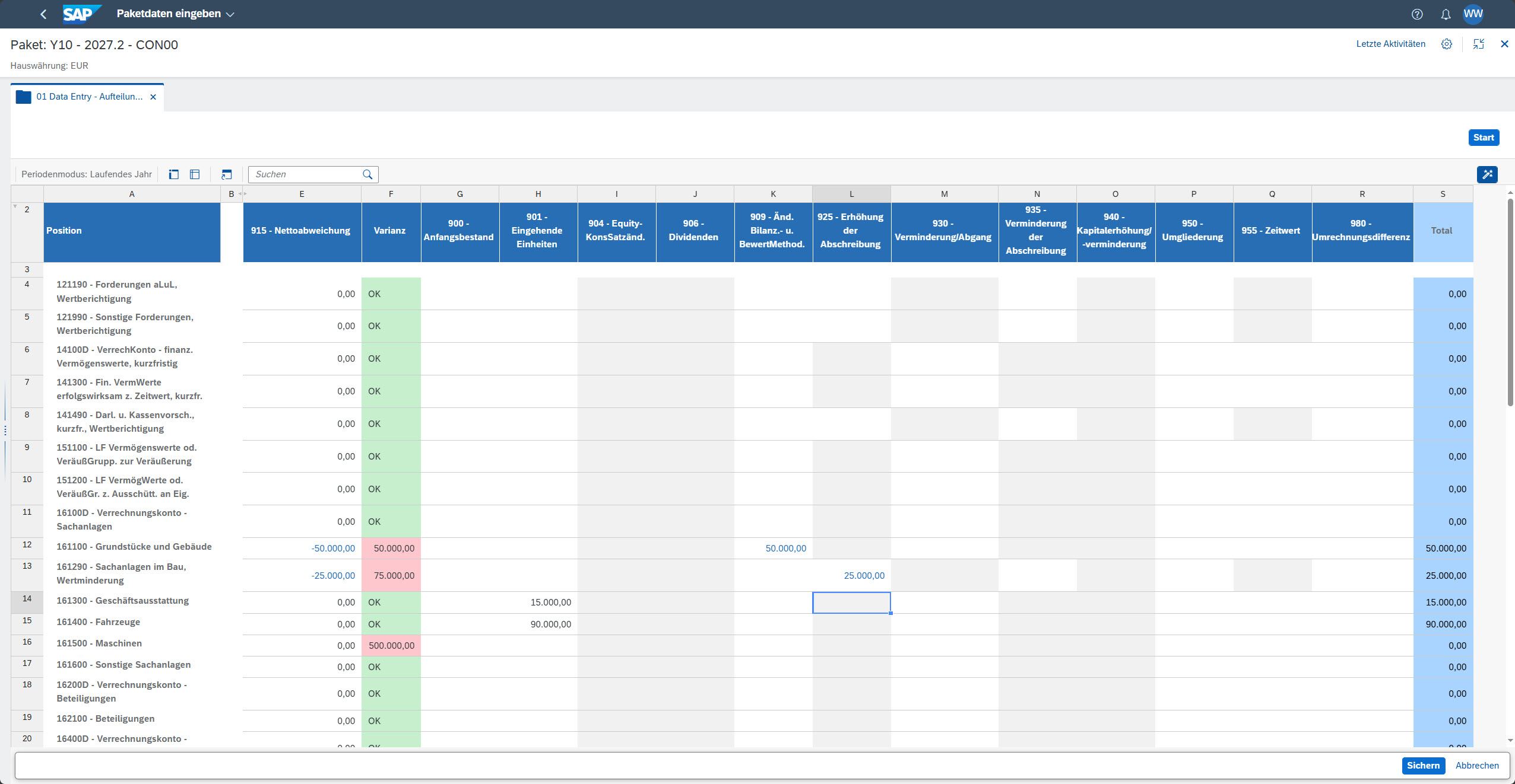 Praxisbeispiel Bewegungsarten und Spiegelinformationen - Darstellung GRDC Form zur Korrektur der Nettoabweichung und Umverteilung auf korrekte Bewegungsart. - Oben Links wird die Periode 2027.2 und die Gesellschaft CON00 - Darstellung Tabelle mit diversen Positionen in Spalte A - Spalte E Zeigt die Gegenbuchungen auf die Bewegung 915 – Nettoabweichung - Spalte F zeigt die berechnete Varianz zwischen zu verteilenden Wert und dem aufgeteilten Wert - Spalte G bis R zeigt die möglichen Bewegungsarten. o 900 - Anfangsbestand o 901 - Eingehende Einheiten o 904 - Equity-KonsSatzänd. o 906 - Dividenden o 909 - Änd. Bilanz.- u. BewertMethod. o 925 - Erhöhung der Abschreibung o 930 - Verminderung/Abgang o 935 - Verminderung der Abschreibung o 940 - Kapitalerhöhung/-verminderung o 950 - Umgliederung o 955 - Zeitwert o 980 – Umrechnungsdifferenz - Spalte S zeigt die Summe aus Spalte G bis R