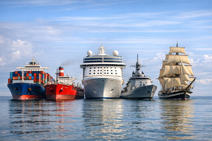 Mehrere Schiffe unterschiedlicher Arten stehen im Hafen